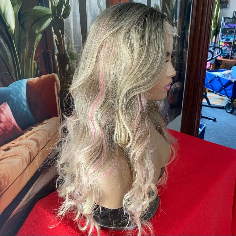 NEW Pink ribbon Highlights Center lace blonde wig-